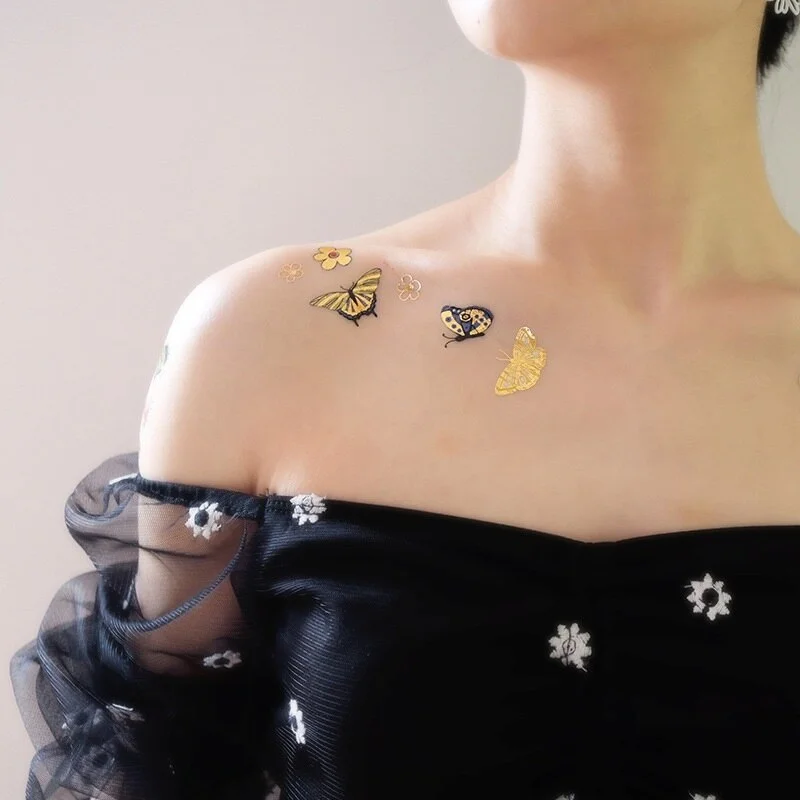 12 Kinds Bronzing Tattoo Butterfly Disposable Shiny Party Makeup Sticker Women Temporary Body Art Summer Waterproof