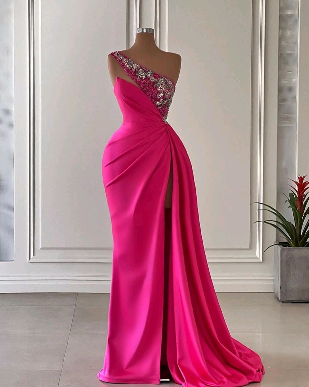 Oknass Glamorous Fuchsia One Shoulder Sleeveless Split Prom Dress With Beadings