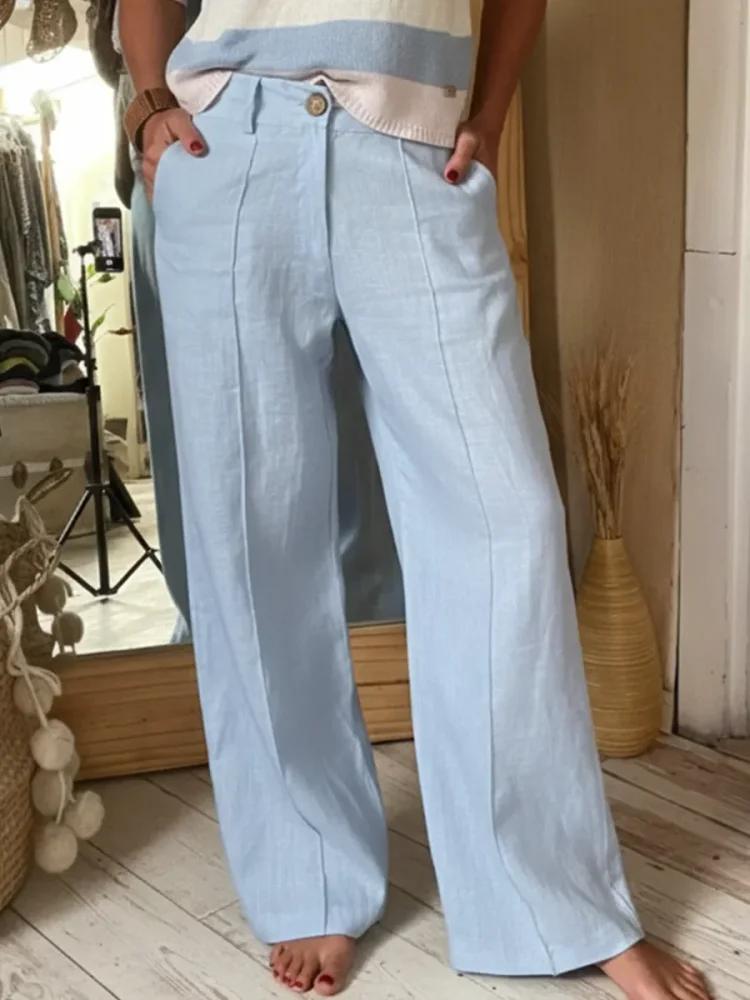 Classic Wooden Button Solid Color Linen Trousers
