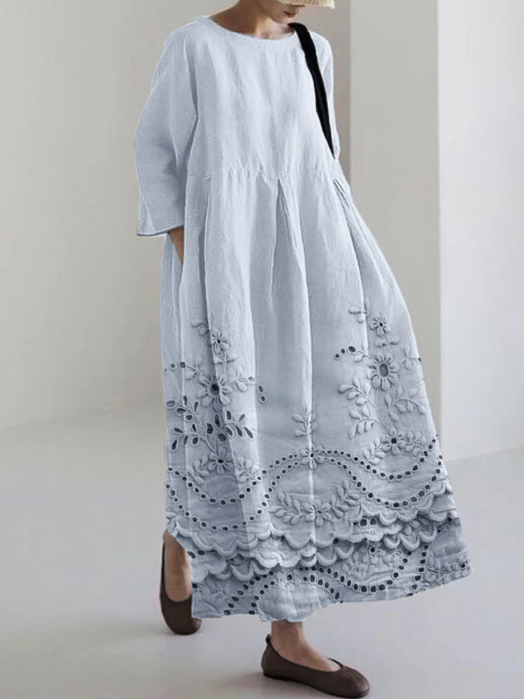 Cottage Floral Embroidered Lace Hem Linen Blend Maxi Dress