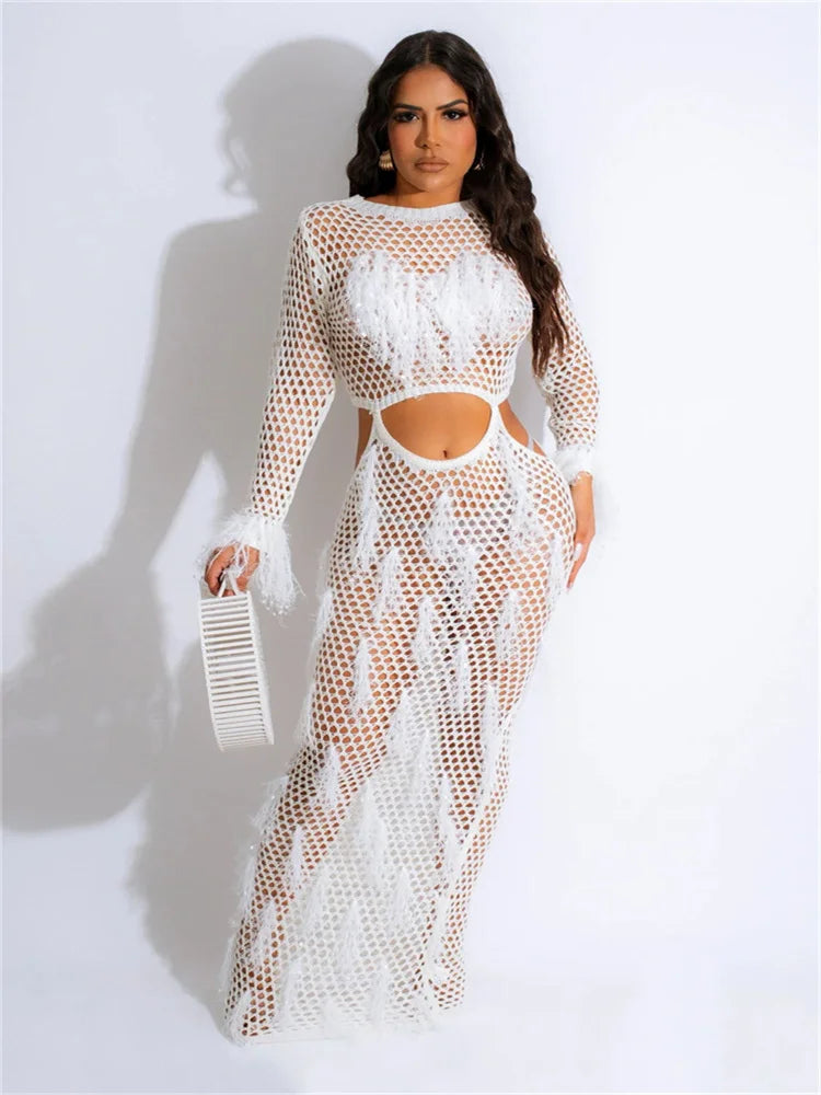 Beach Style Women Dress Knit Tassel Hollow Out See Through Sheath Sexy Solid Bodycon Autumn Vacation Party Vestidos LANFUBEISI