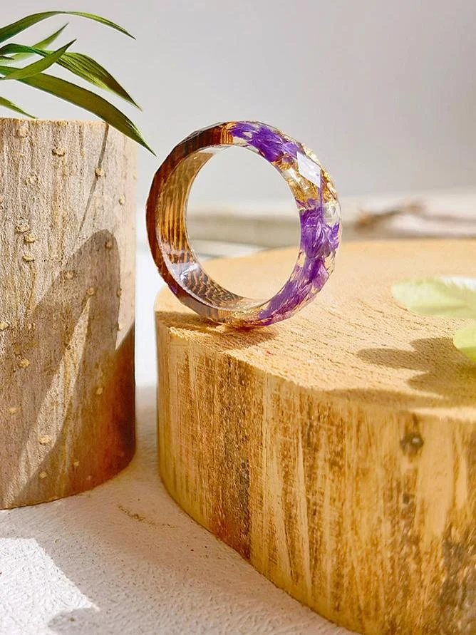 Handmade Dried Flower Inlaid Resin Ring-Gold foil purple