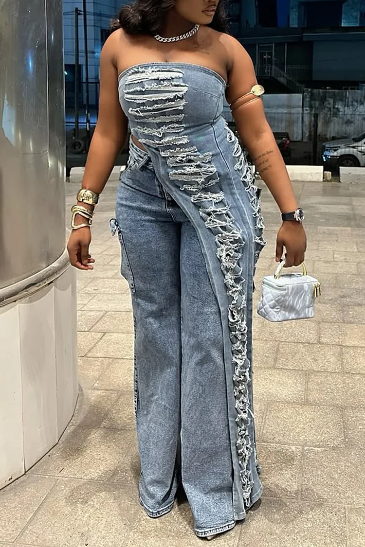 Plus Size Party Blue Asymmetric Hem Distressed Denim Two Piece Pant Sets [Pre-Order]
