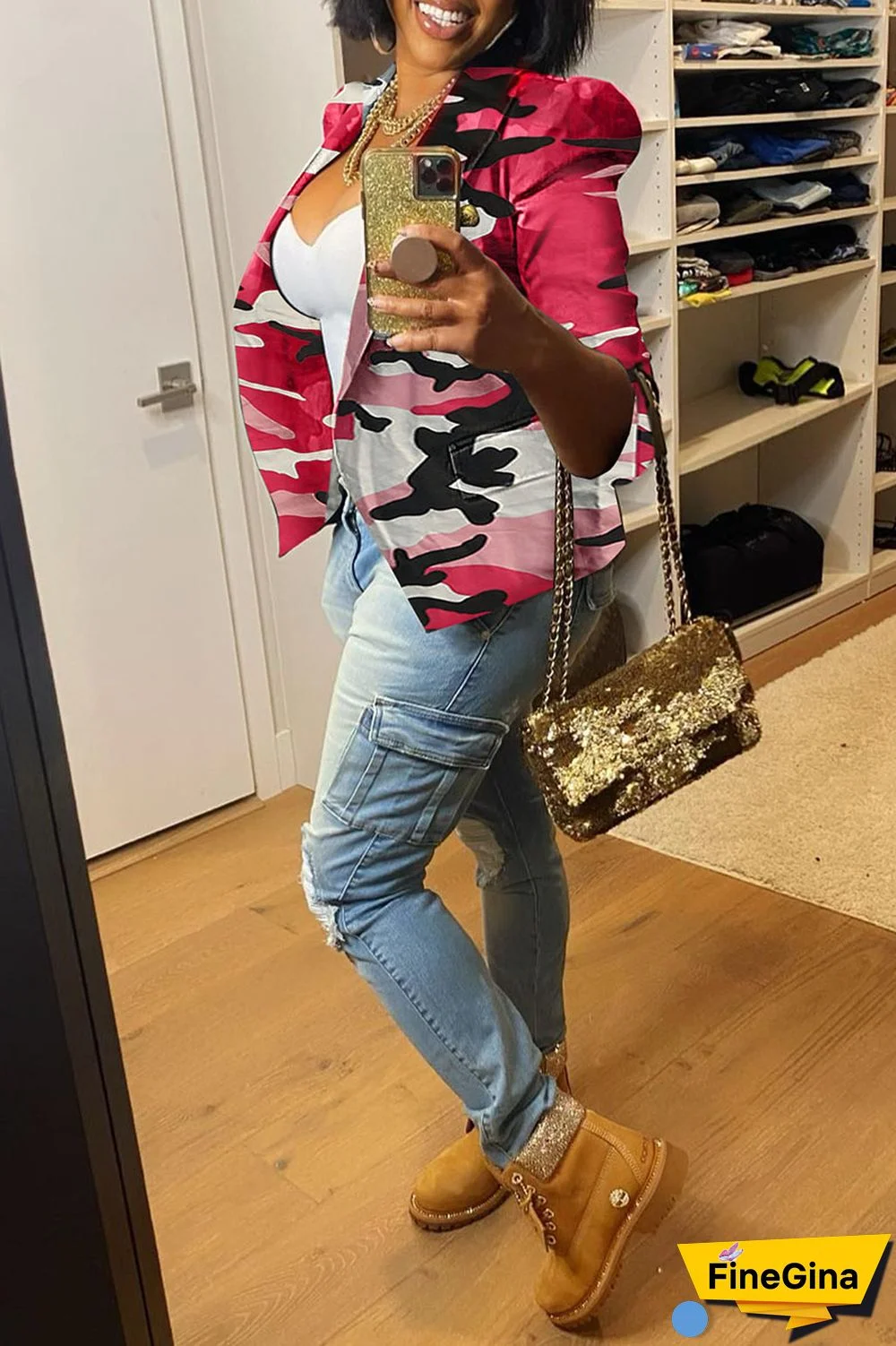 White Casual Print Patchwork Buttons Turn-back Collar Outerwear