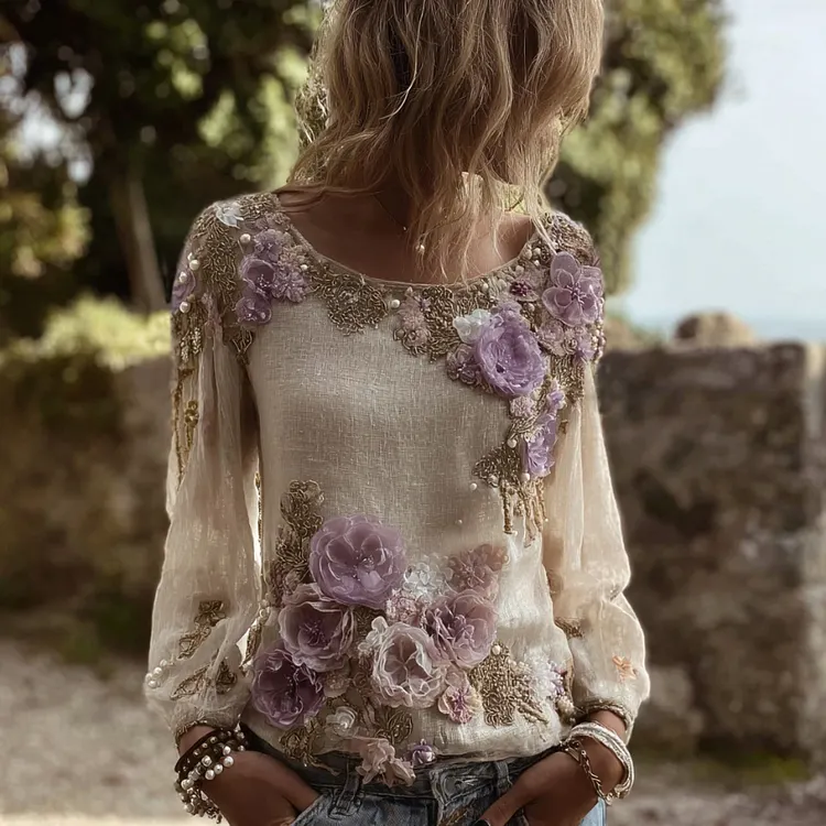 Women's Vintage Purple Flower Embroidery Art Print Round Neck T-shirt