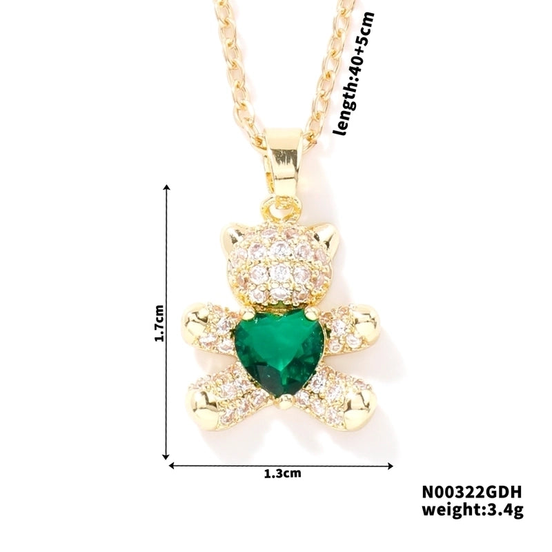 304 Stainless Steel Copper Rhodium Plated Inlay Bear Heart Shape Glass Zircon Pendant Necklace