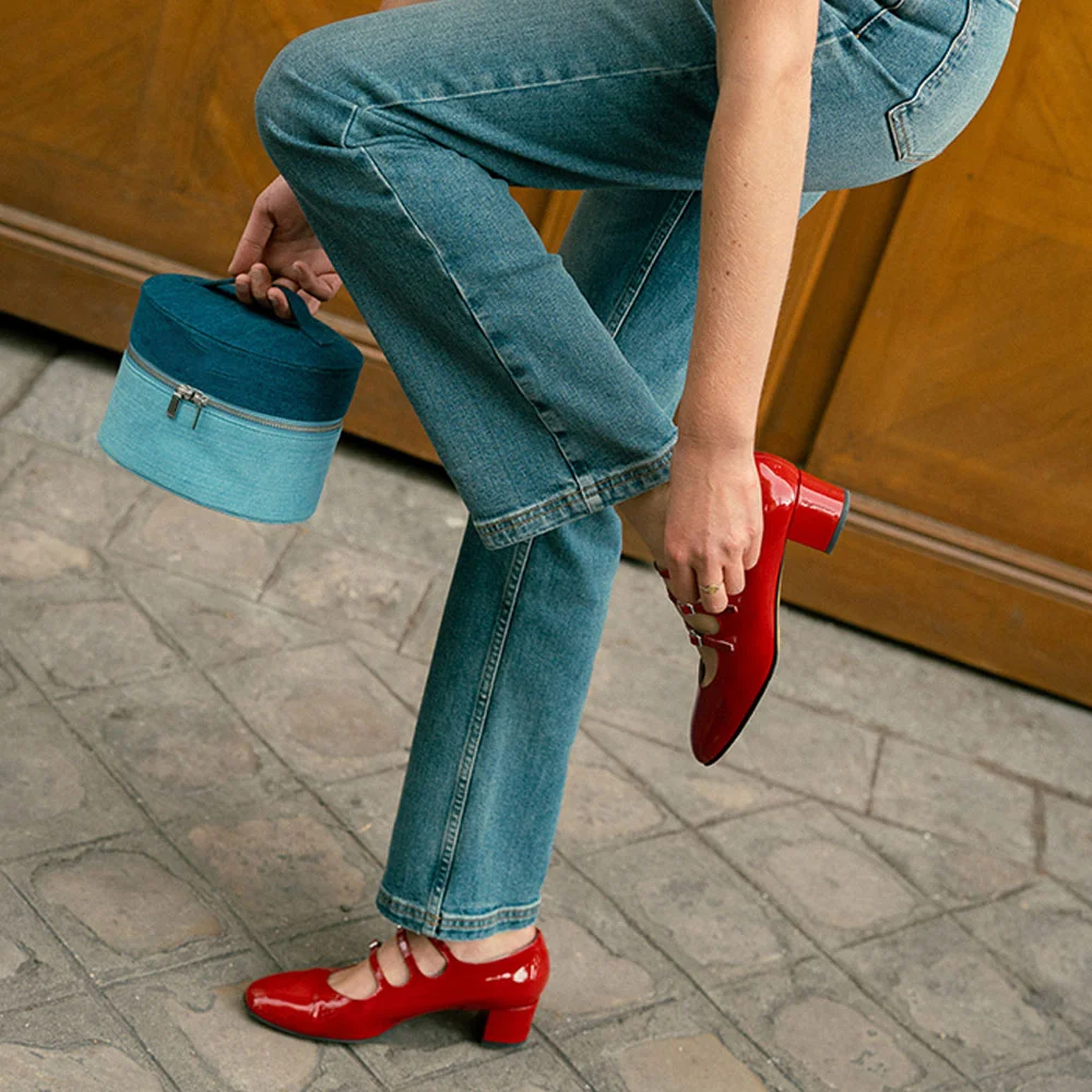 Red Square Toe Buckled Mary Jane Block Low Heel Pumps for Women