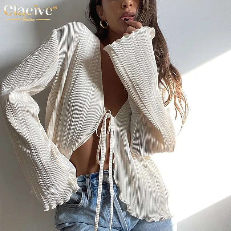 Clacive Sexy White Lace-Up Women'S Shirt Summer Bodycon Long Sleeve Blouses Ladies Fashion Pleated Top Female Clothing 2022
