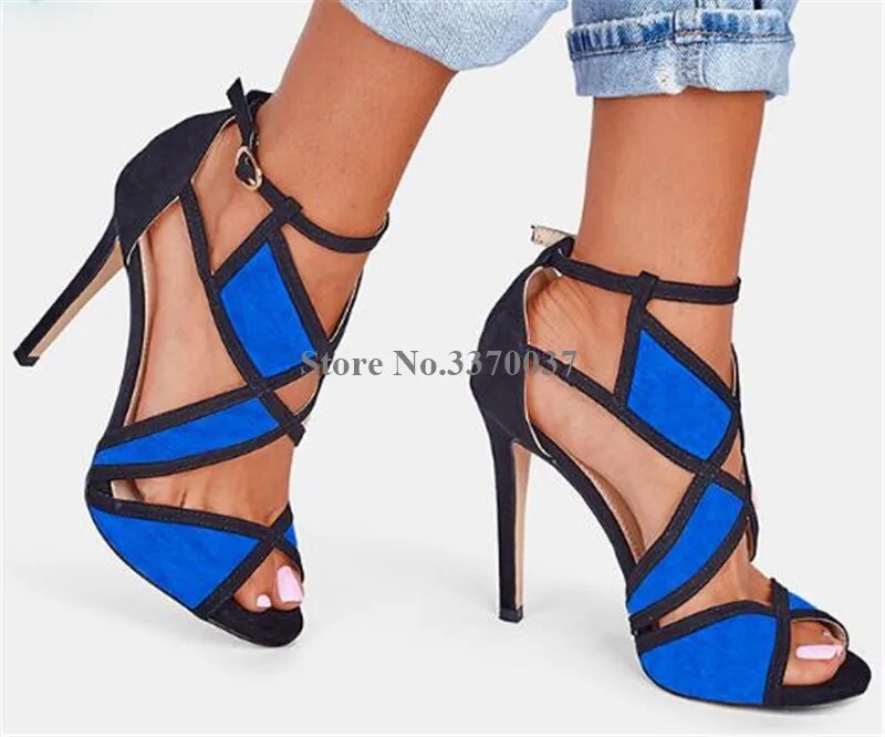 VCSHOES Bling Bling Silver Glitters Stiletto Heel Gladiator Sandals Patchwork Grid Cut-out High Heel Sandals Dress Shoes