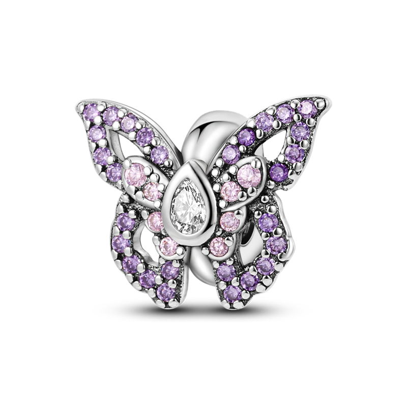 925 Silver Diamond inlaid butterfly pink Beads for Original Bracelet Charms Fine Jewelry Accessories KTC450