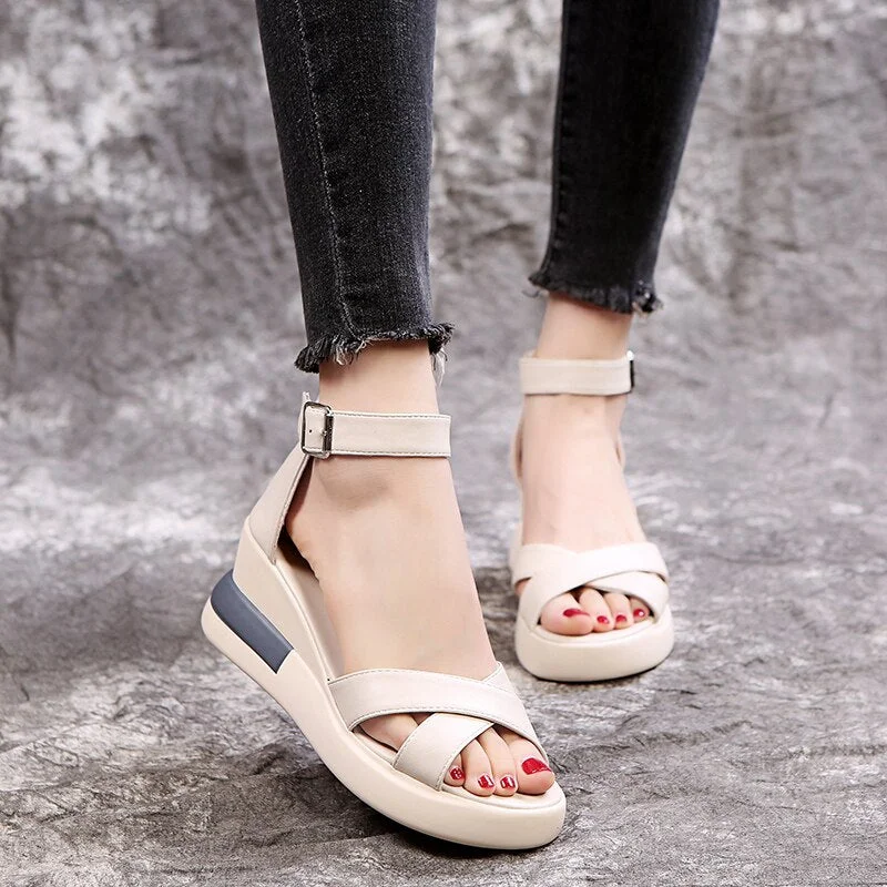 Summer Wedge Shoes for Women Sandals Solid Color Open Toe High Heels Casual Ladies Buckle Strap Fashion Female Sandalias Mujer