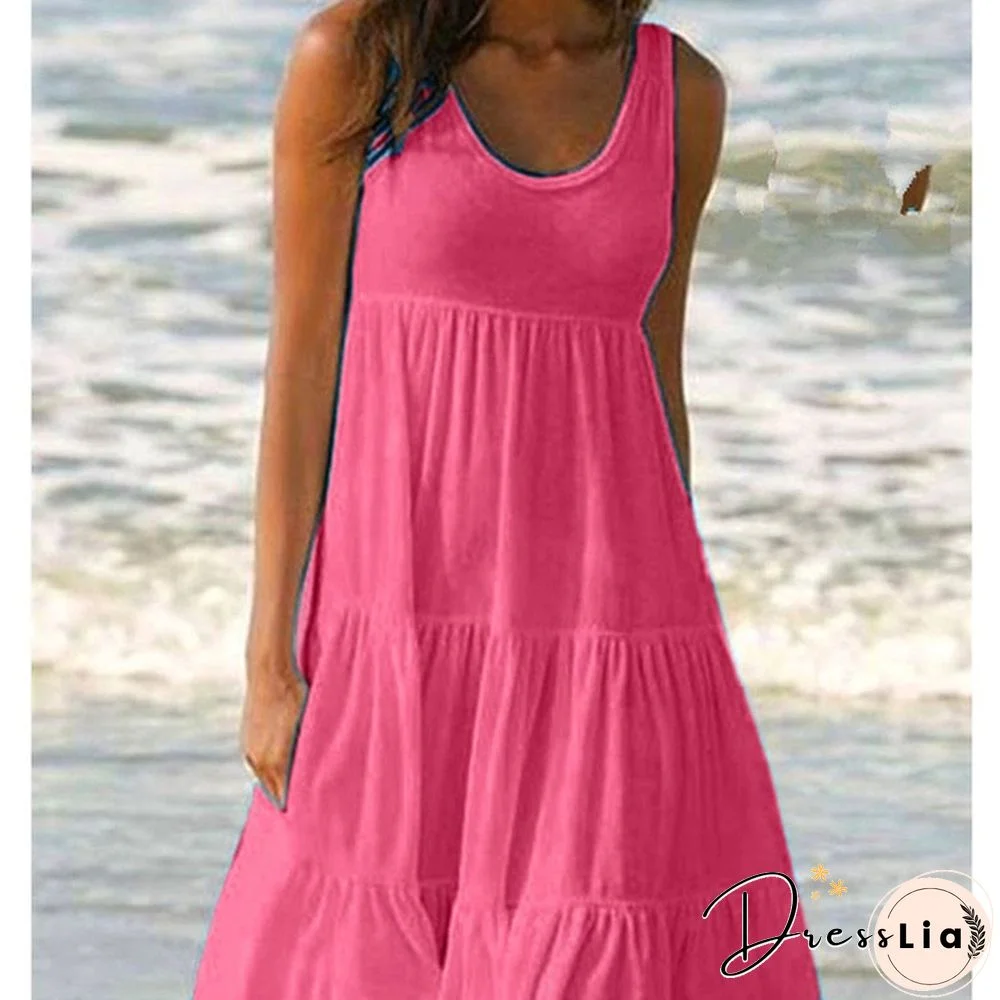 XS-8XL Summer Dresses Plus Size Fashion Clothes Women's Casual Sleeveless Party Beach Wear Loose Dresses Solid Color A-line Skirt Cotton Round Neck Off Shoulder Dress Ladies Pleated Halter Mini Dress Tank Top Dresses