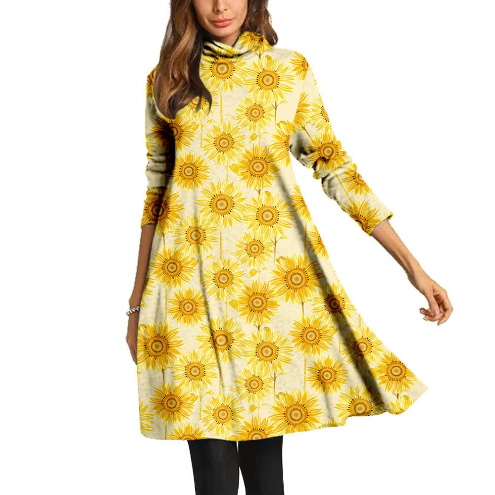Clothing Women's Sunflower Digital Printing High Collar Mid-length Dress