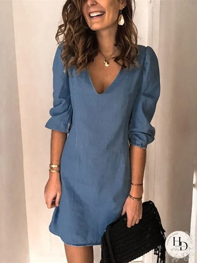 Casual Dress Shift Dress Mini Dress Black Navy Blue Blue 3/4 Length Sleeve Pure Color Slim Spring Summer V Neck Basic Daily Vacation Weekend S M L XL XXL 3XL for Women