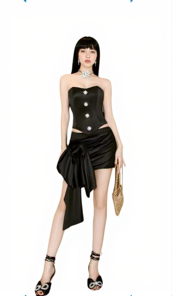 AMBERLY BLACK SATIN FLOWER SKIRT SET