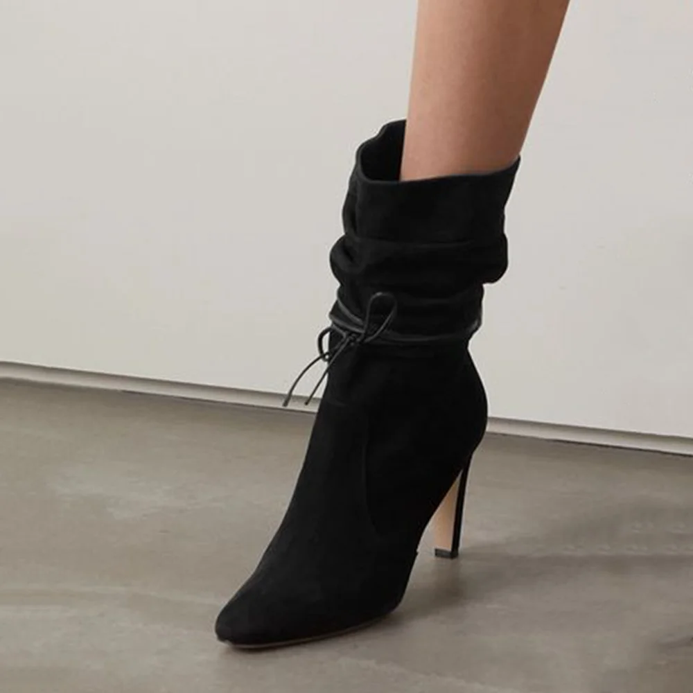 Black Almond Toe Suede Comfort Ankle Boots