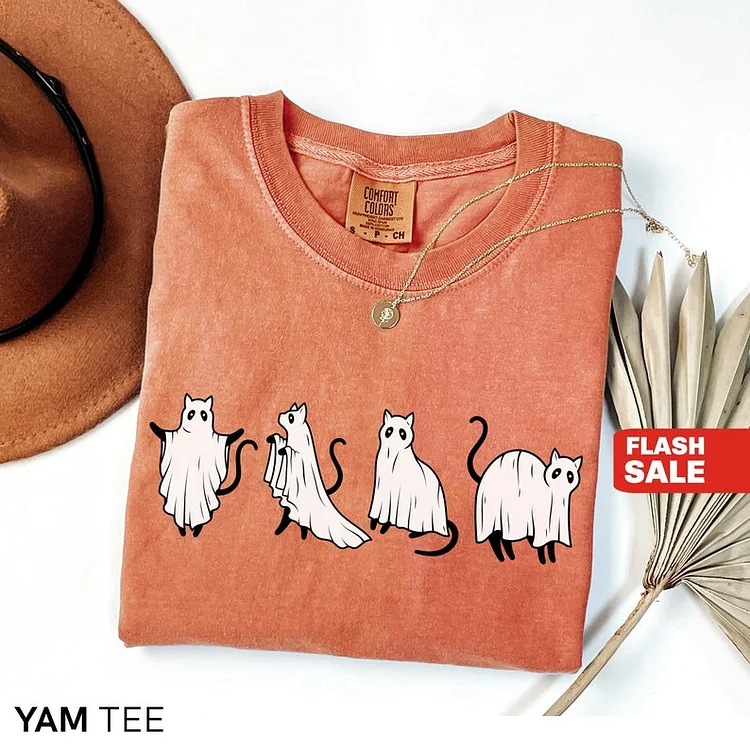 Cat Ghost Halloween Shirt, Vintage Halloween Sweatshirt, Comfort Colors® Fall Shirts for Women