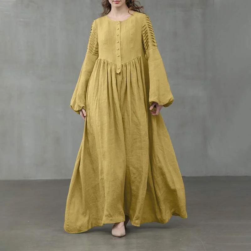 ZANZEA Spring Pleated Sundress Vintage Women Lantern Sleeve Maxi Long Dress Elegant Solid Party Kaftan Vestido Baggy  7