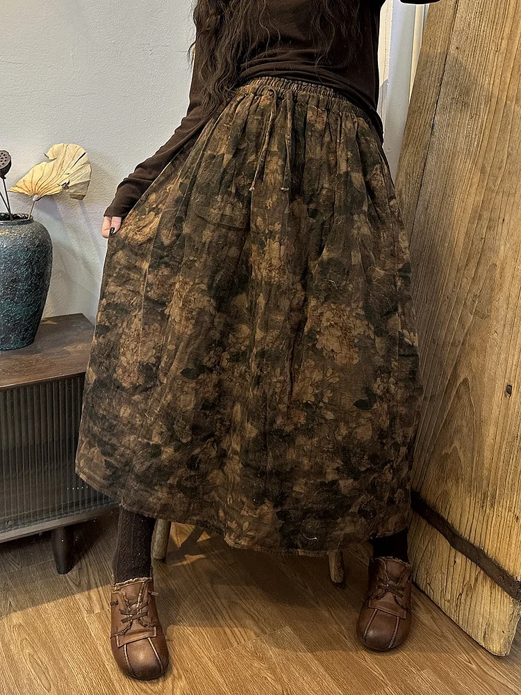 Winter Women Vintage Drawstring Print Cotton Skirt