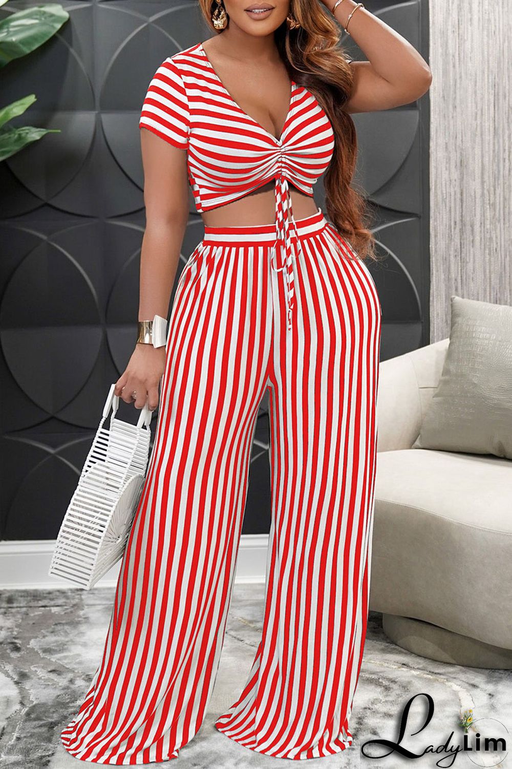 Red Sexy Striped Print Bandage Split Joint V Neck Short Sleeve Two Pieces