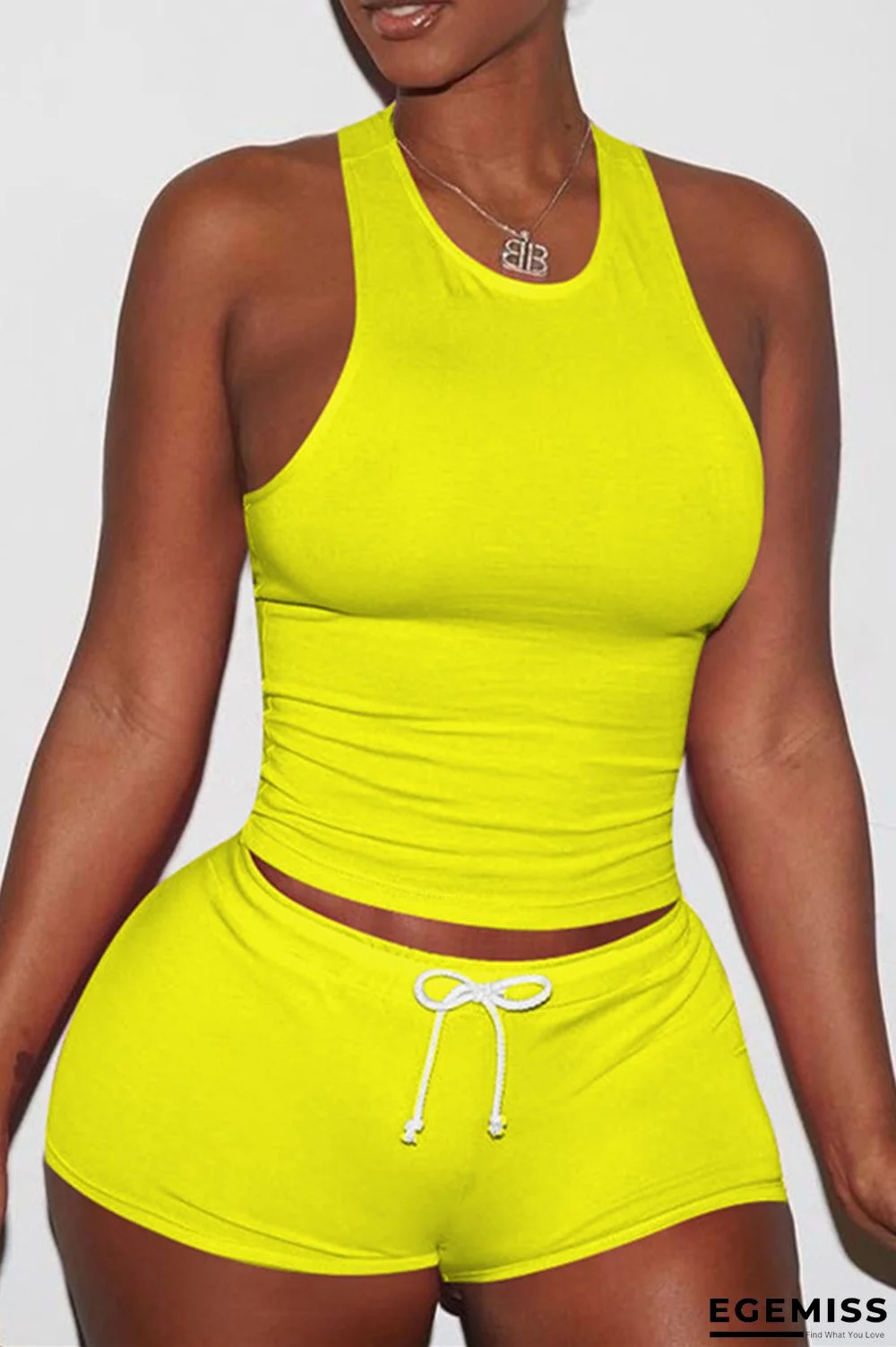 Yellow Casual Sportswear Solid Basic O Neck Sleeveless Two Pieces | EGEMISS