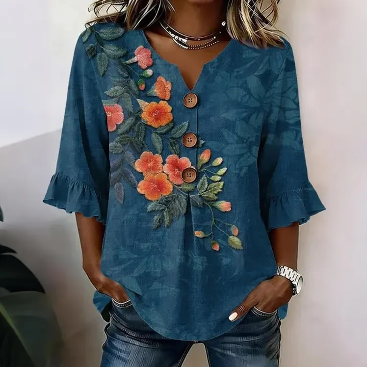 Women's Vintage Floral Embroidery Pattern Casual Shirt