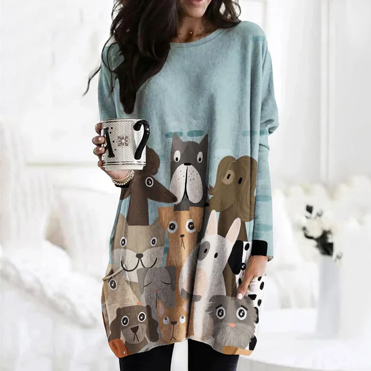 Wearshes Dog Print Crew Neck Pocket Casual Tunic