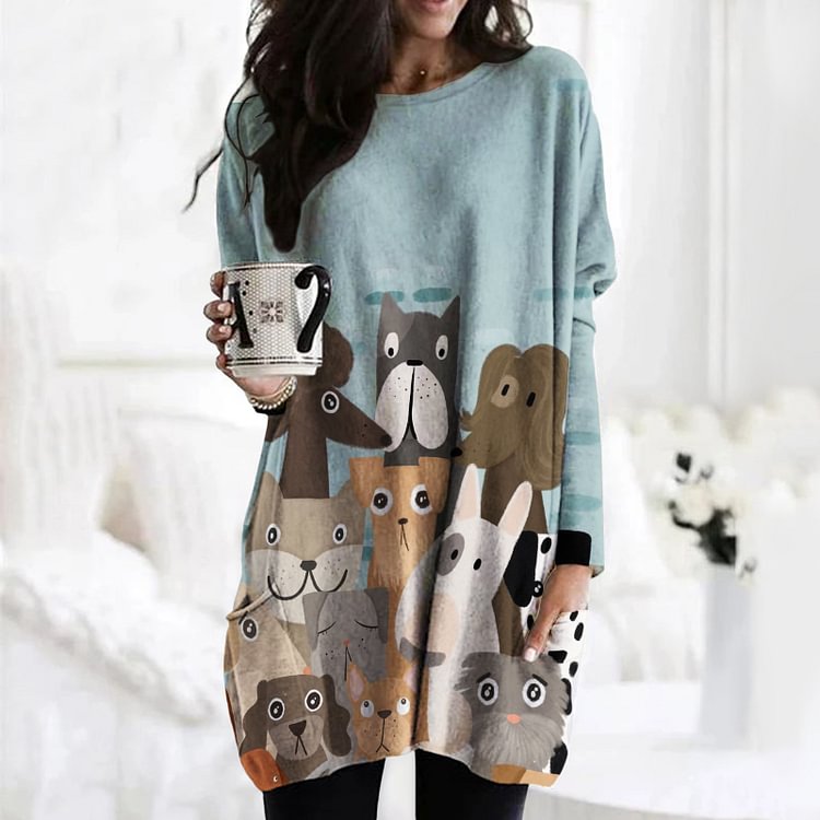 Vefave Dog Print Crew Neck Pocket Casual Tunic