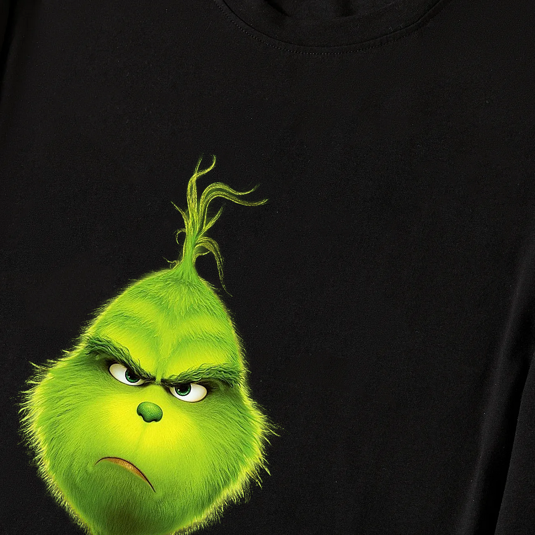 Christmas Cartoon Pattern Print Black Long Sleeve Top with Red & White & Green Plaid Matching Family Pajamas 2024