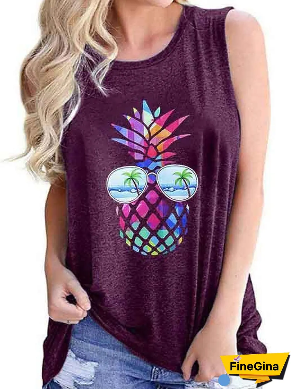 Women's Loose Sleeveless Round Neck Coloured Print T-shirt