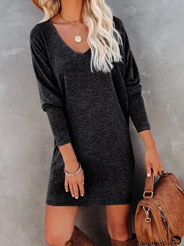 Casual Dress T Shirt Dress Tee Dress Shift Dress Mini Dress Black Yellow Purple Long Sleeve Pure Color Knit Winter Fall Spring V Neck Fashion Daily Loose Fit S M L XL for Women