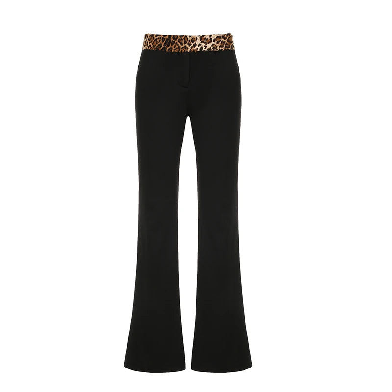 Aiertu Leopard Splice Elastic Waist Flare Leg Pants Aiertu