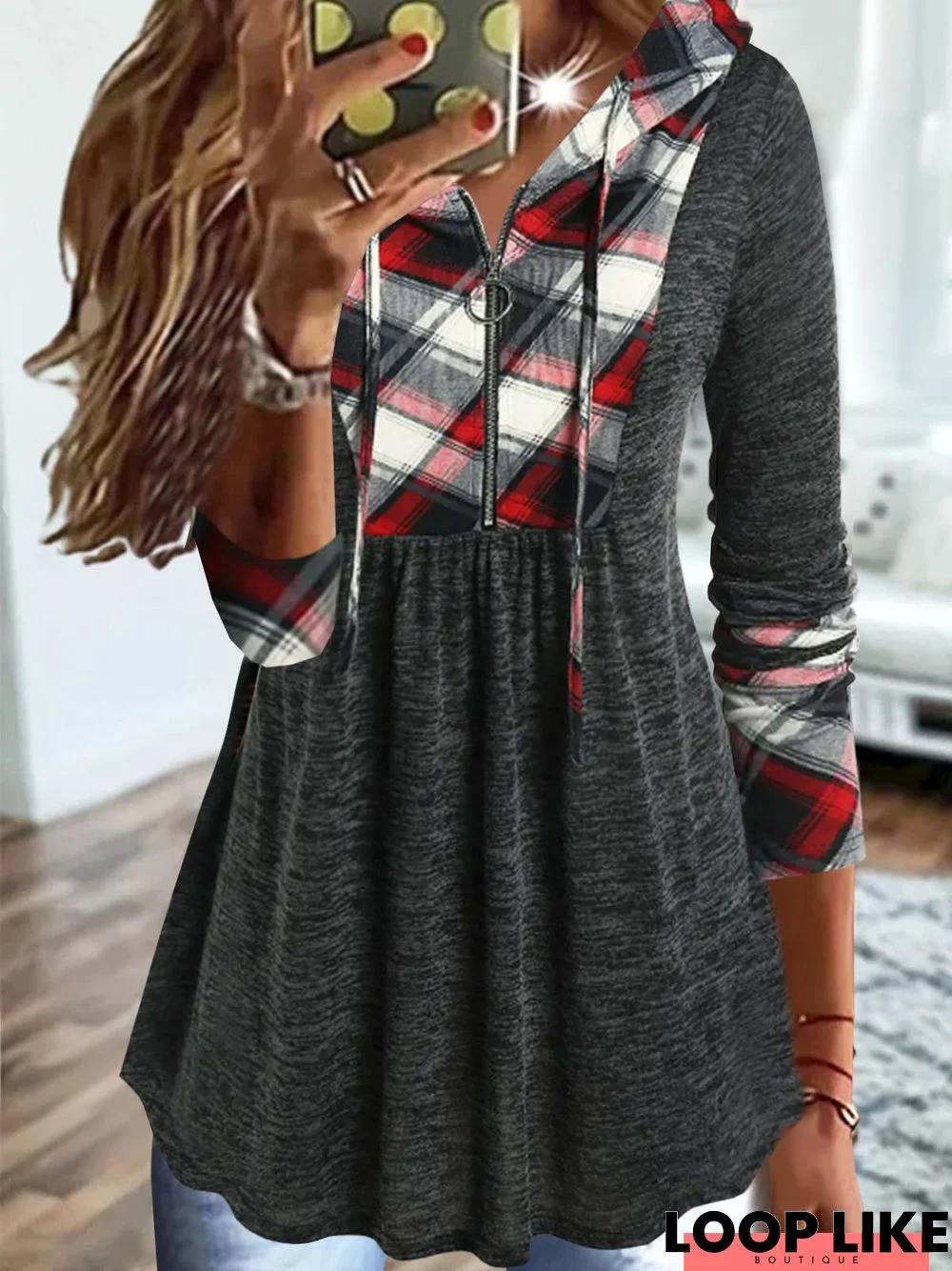 Casual Patchwork Plaid Zipper Jersey Hoodie Sweatshirt