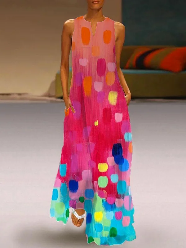 Loose Sleeveless Contrast Color Printed V-Neck Maxi Dresses