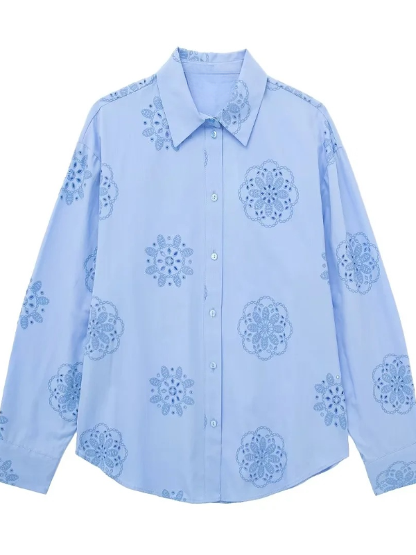 Pressed Glue Embroidery Decorated Poplin Long-Sleeved Shirt