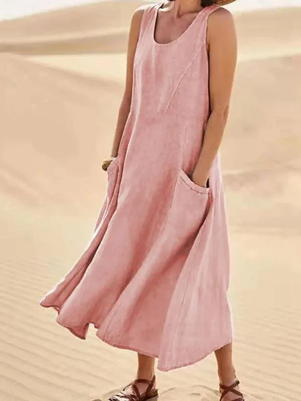 Women's Pocket Sleeveless Round Neck Cotton & Linen Dress