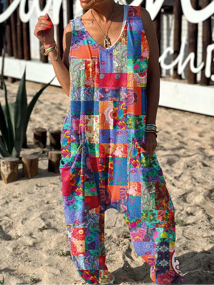 Floral Pattern Hippie Art Print Casual 100% Cotton Wide Leg Jumpsuit