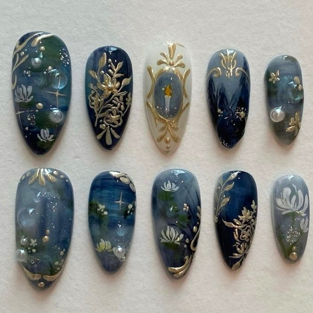 Xinkeke French Handmade Manicure Medium Almond Fake Nails Elegant Painting 3D Nails Press On Nails Design with Adhesive Nail File Set