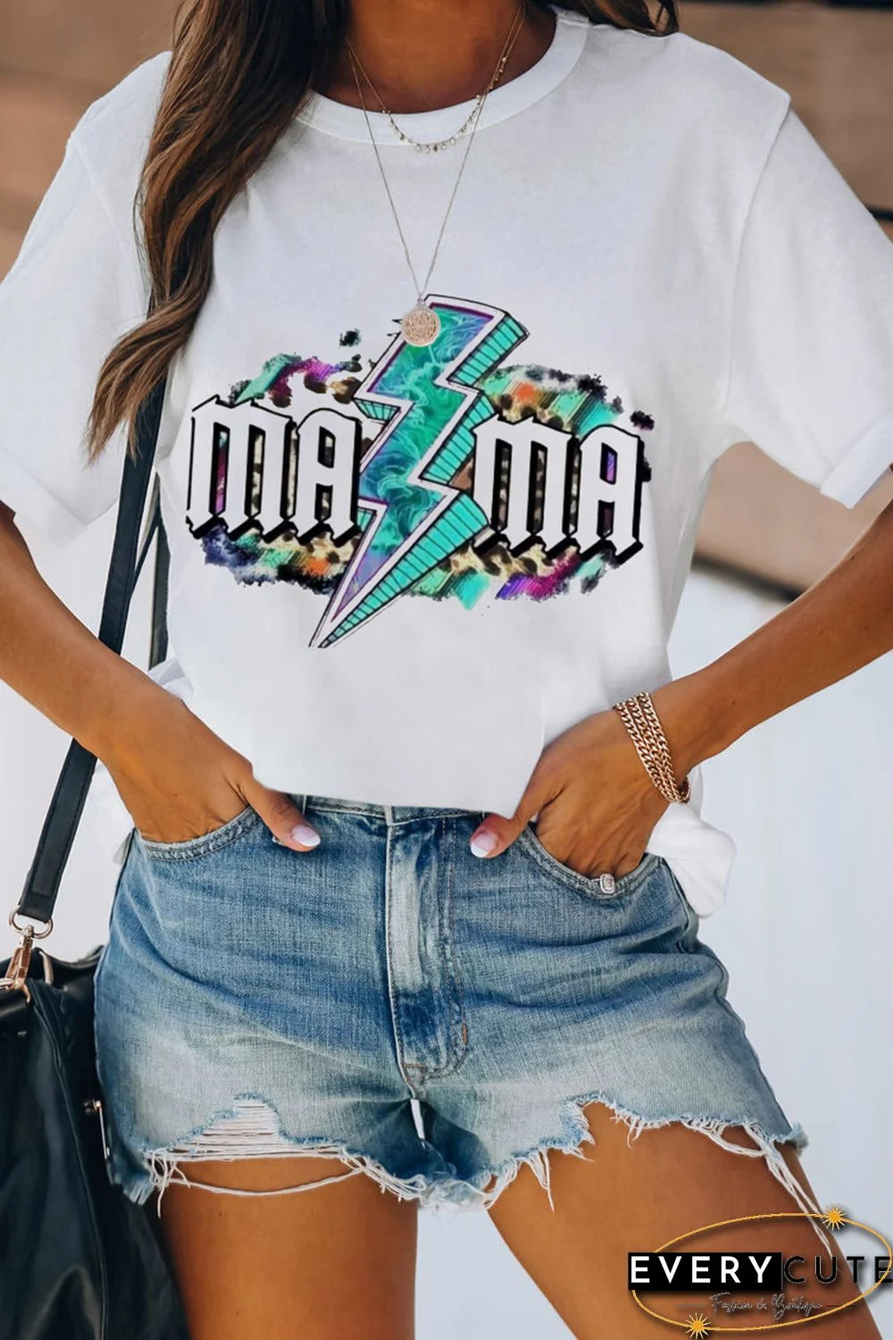 White MAMA Lightning Graphic Print Short Sleeve T Shirt
