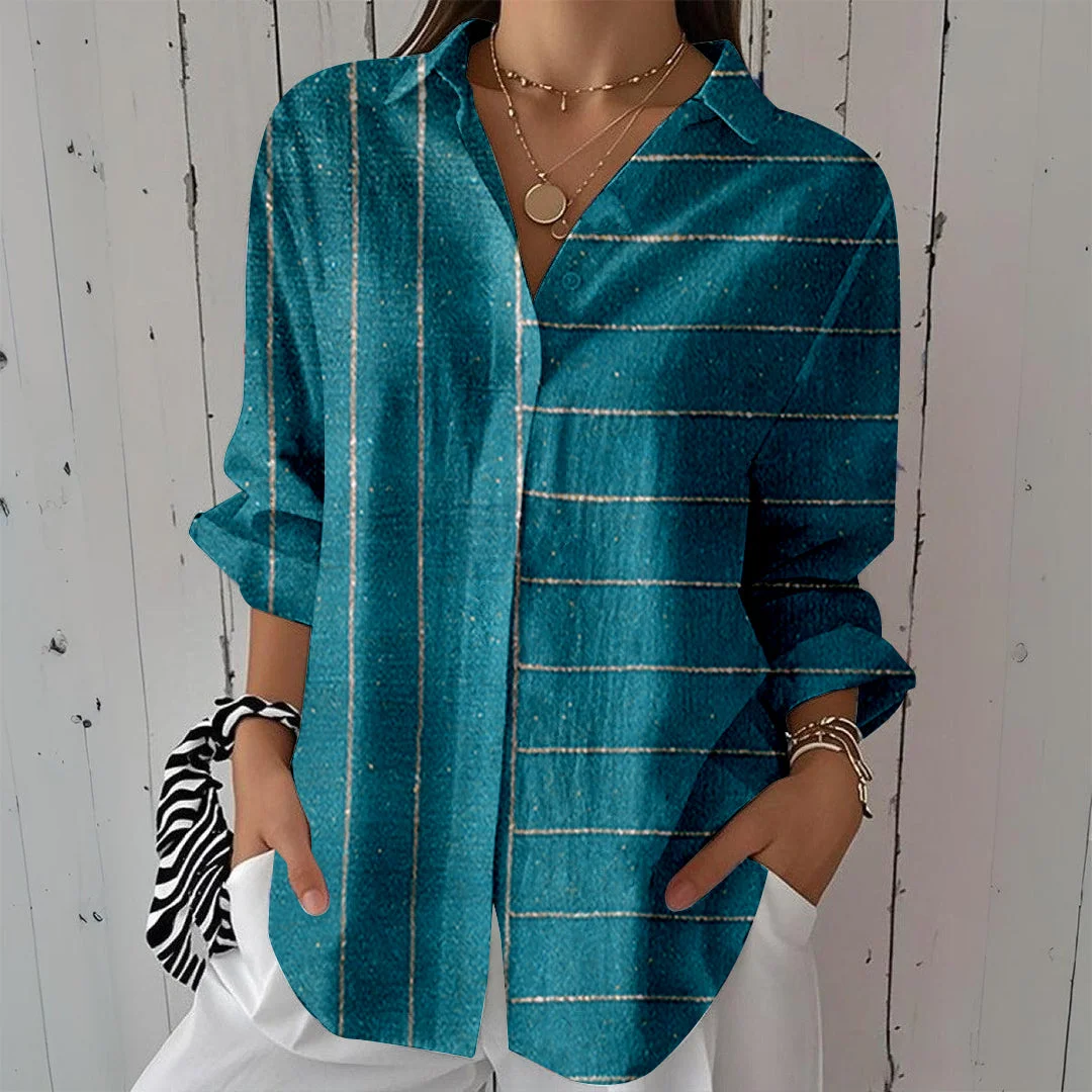 Style & Comfort for Mature Women Women Glitter,Striped,Blue DZCL0001 3/4 Sleeve Shirt Collar Printed Button Tops