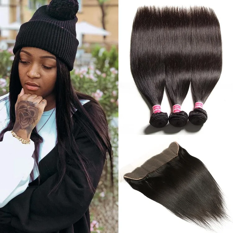 Malaysian Straight Hair Weave 3 Bundles with Ear to Ear Lace Frontal Closure