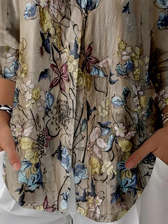 Women 3/4 Sleeve Shirt Collar Floral Printed Graphic Button Tops