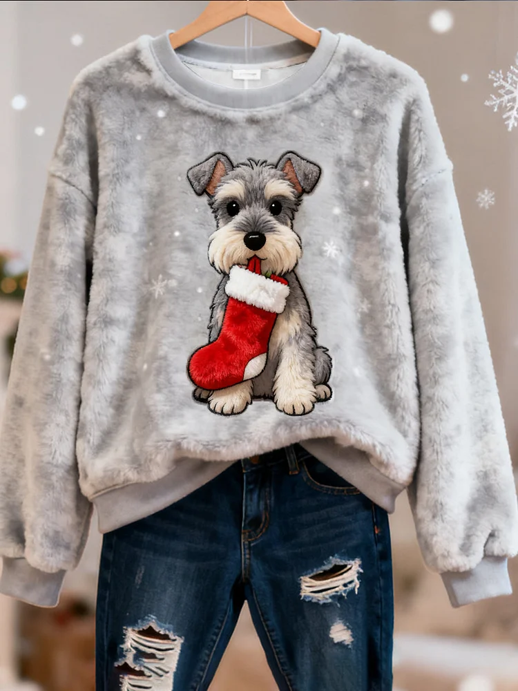 Women's Christmas Cute Schnauzer Print Casual Flannel Sweatshirt