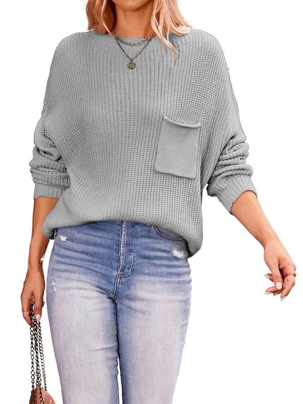 Long Sleeves Loose Pockets Solid Color Round-Neck Pullovers Sweater Tops