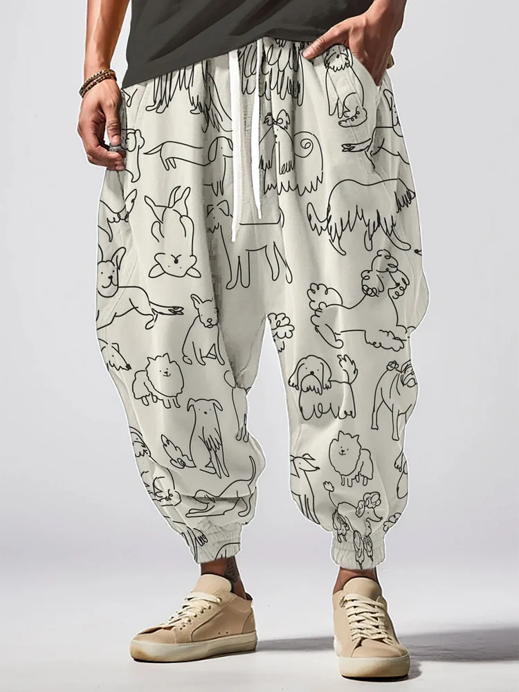Men's Cute Minimalist Dogs Print Loose Drawstring Waist Sweatpants