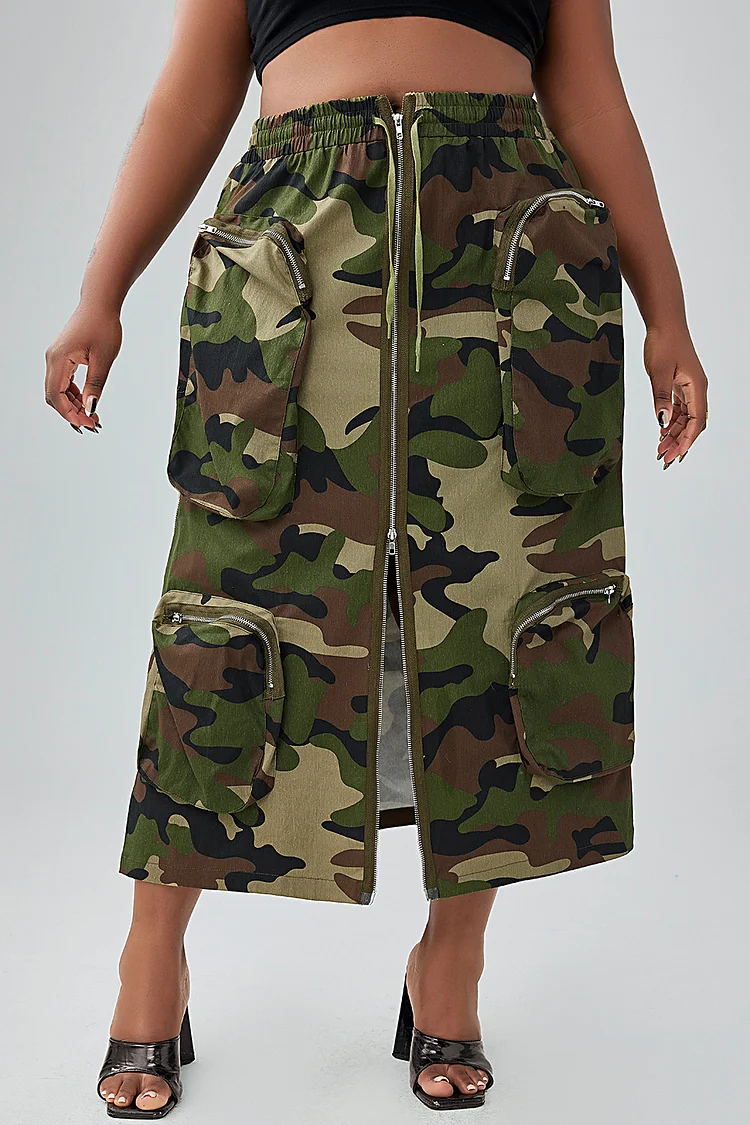 Xpluswear Design Plus Size Daily Skirt Army Green Camo Print Zipper Cargo Skirt With Pocket [Pre-Order]
