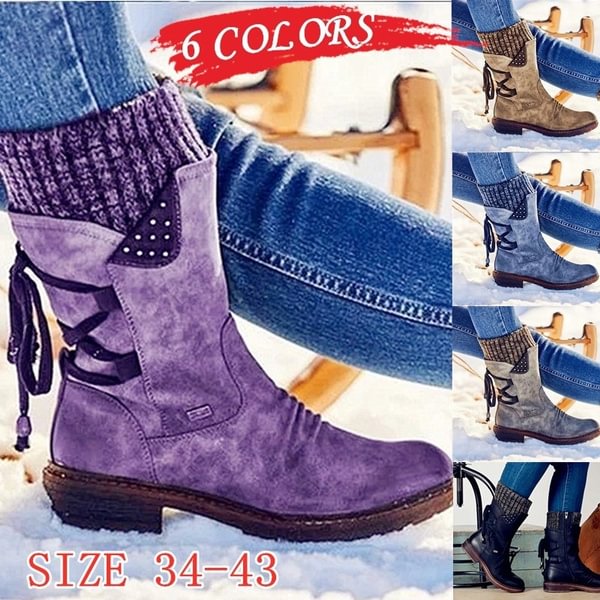 Women New Fashion Knit Patchwork Zipper Mid-calf Back Lace Boots Vintage Knitted PU Leather Flat Heel Anti-slip Snow Boots Femmes Bottes - Shop Trendy Women's Clothing | LoverChic