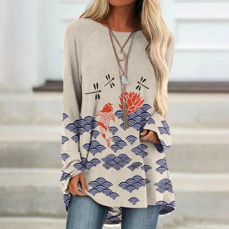 Japanese Koi Dragonfly Wave Art Print Casual Tunic