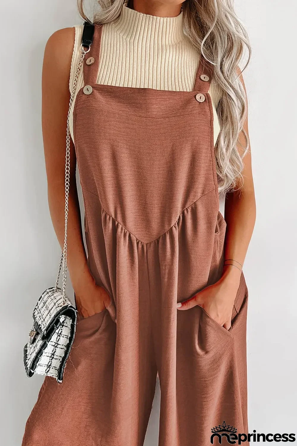 Gold Flame Textured Buttoned Straps Ruched Wide Leg Jumpsuit