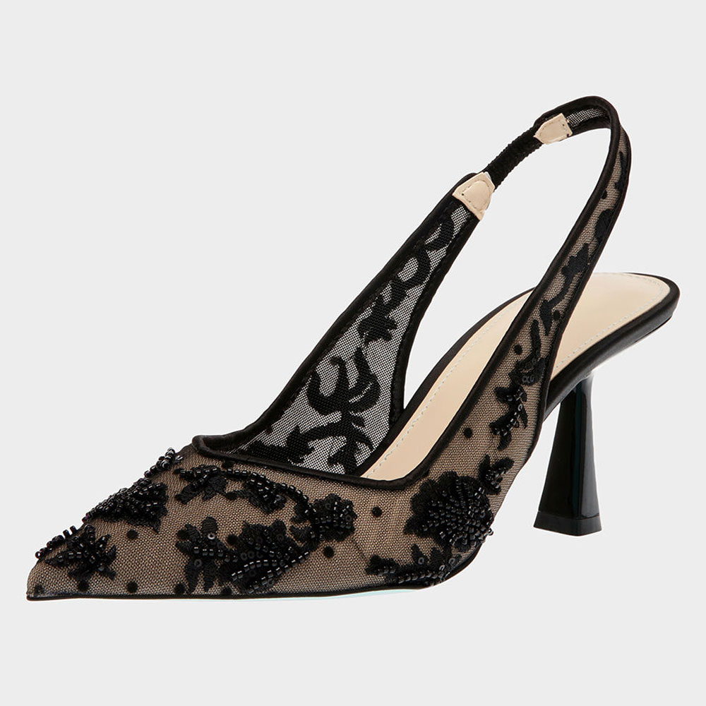 Black Mesh Beaded Embroidered Pointed Toe Flared Heel Slingback Pumps Nicepairs